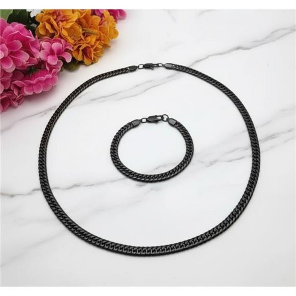 Steel Time Black Stainless Steel Curb Chain Necklace Bracelet Set 24in 8.25in